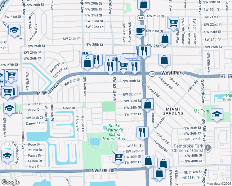 map of restaurants, bars, coffee shops, grocery stores, and more near 6217 Southwest 33rd Street in Miramar