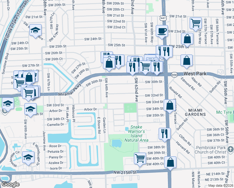 map of restaurants, bars, coffee shops, grocery stores, and more near 6390 Southwest 32nd Street in Miramar