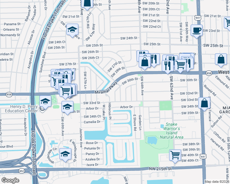 map of restaurants, bars, coffee shops, grocery stores, and more near 3221 Southwest 66th Way in Miramar