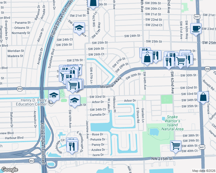 map of restaurants, bars, coffee shops, grocery stores, and more near 6700 Miramar Parkway in Miramar