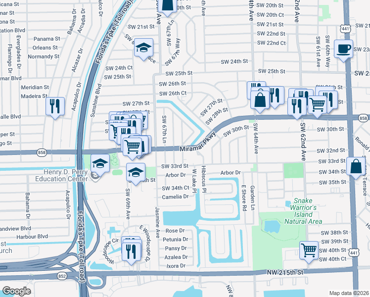 map of restaurants, bars, coffee shops, grocery stores, and more near 3121 Southwest 67th Way in Miramar