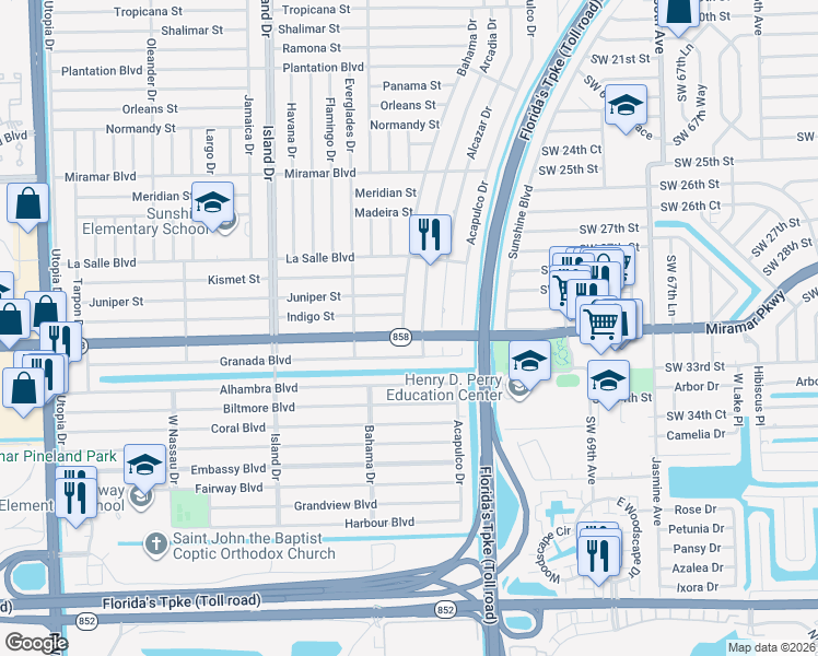 map of restaurants, bars, coffee shops, grocery stores, and more near 7410 Miramar Parkway in Miramar