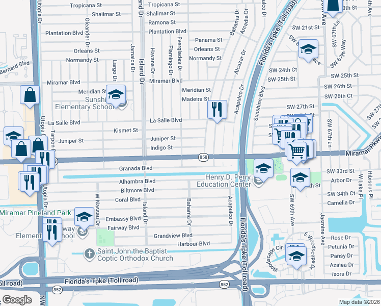 map of restaurants, bars, coffee shops, grocery stores, and more near 7570 Miramar Parkway in Miramar