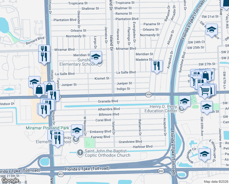 map of restaurants, bars, coffee shops, grocery stores, and more near 3101 Island Drive in Miramar
