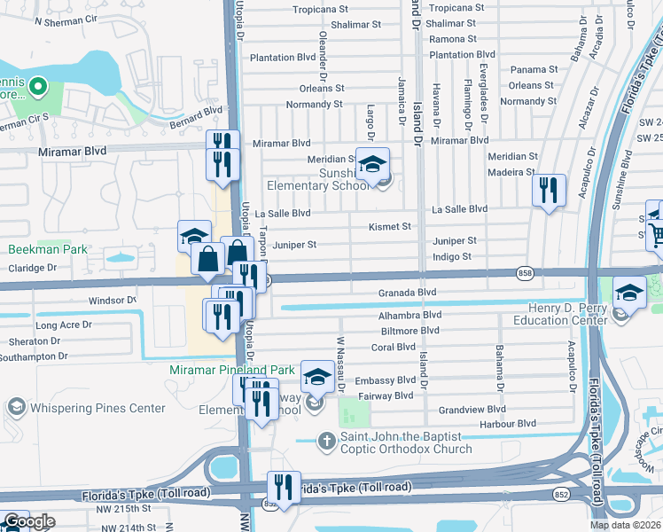map of restaurants, bars, coffee shops, grocery stores, and more near 7824-7828 Miramar Parkway in Miramar