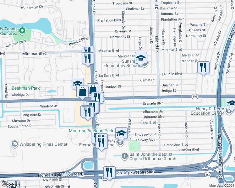 map of restaurants, bars, coffee shops, grocery stores, and more near 7905 Florida 858 in Miramar