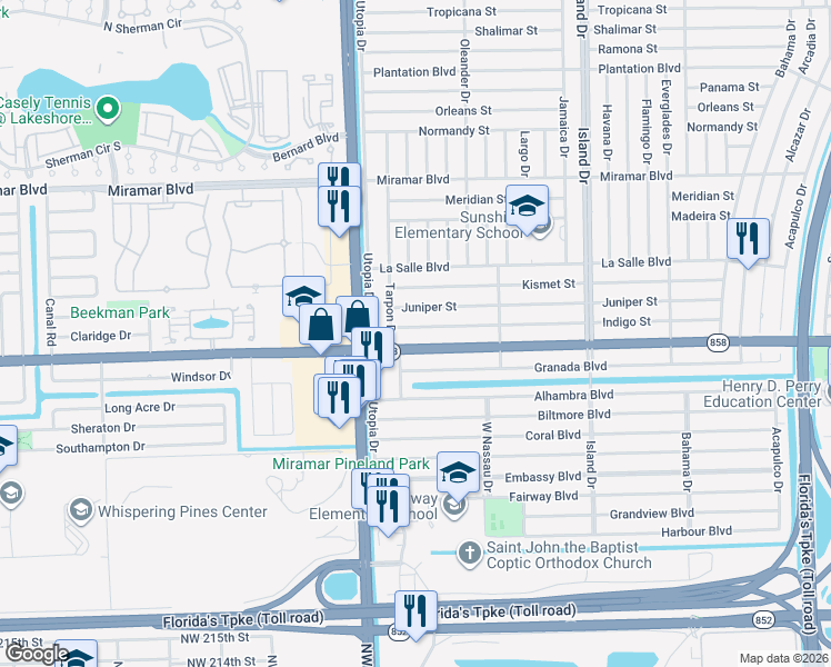 map of restaurants, bars, coffee shops, grocery stores, and more near 7936 Florida 858 in Miramar