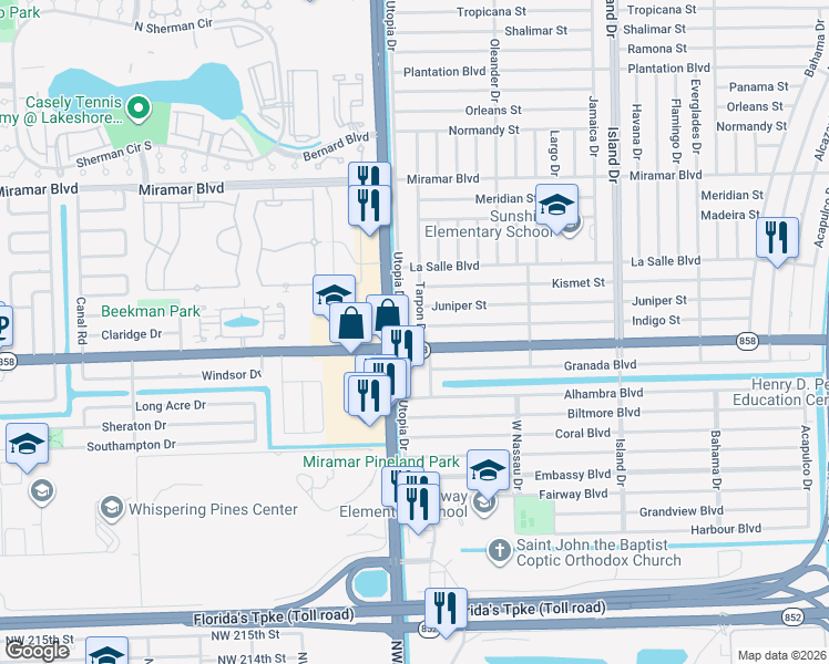 map of restaurants, bars, coffee shops, grocery stores, and more near 7936 Florida 858 in Miramar