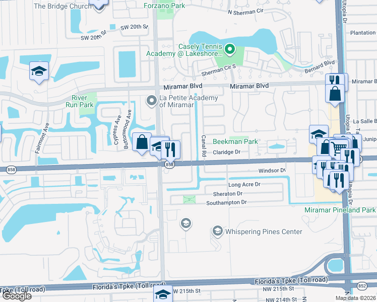 map of restaurants, bars, coffee shops, grocery stores, and more near 3036 Dolphin Drive in Miramar