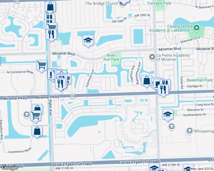 map of restaurants, bars, coffee shops, grocery stores, and more near 3261 Lucerne Way in Miramar