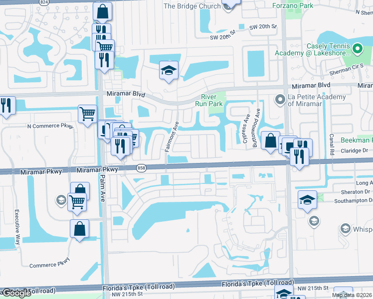 map of restaurants, bars, coffee shops, grocery stores, and more near 3261 Lucerne Way in Miramar