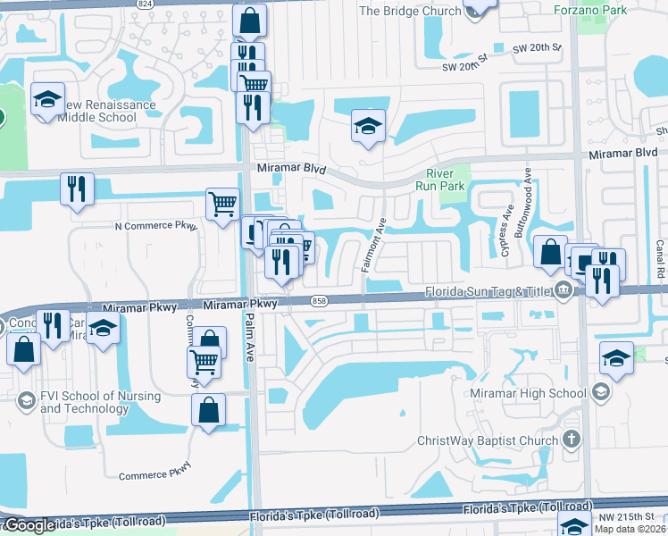 map of restaurants, bars, coffee shops, grocery stores, and more near 3261 Venice Way in Miramar