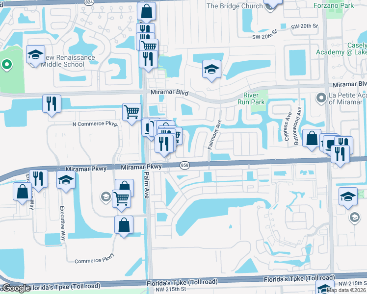 map of restaurants, bars, coffee shops, grocery stores, and more near 3261 Venice Way in Miramar