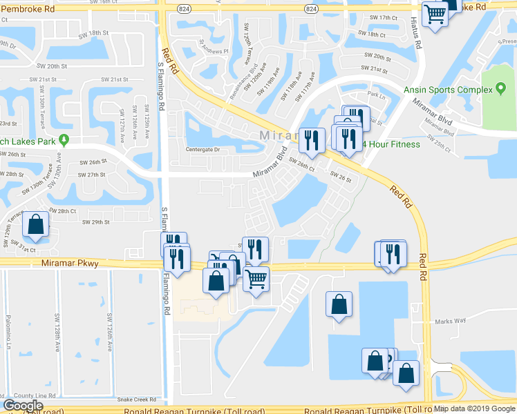 map of restaurants, bars, coffee shops, grocery stores, and more near 2853 Southwest 119th Way in Miramar