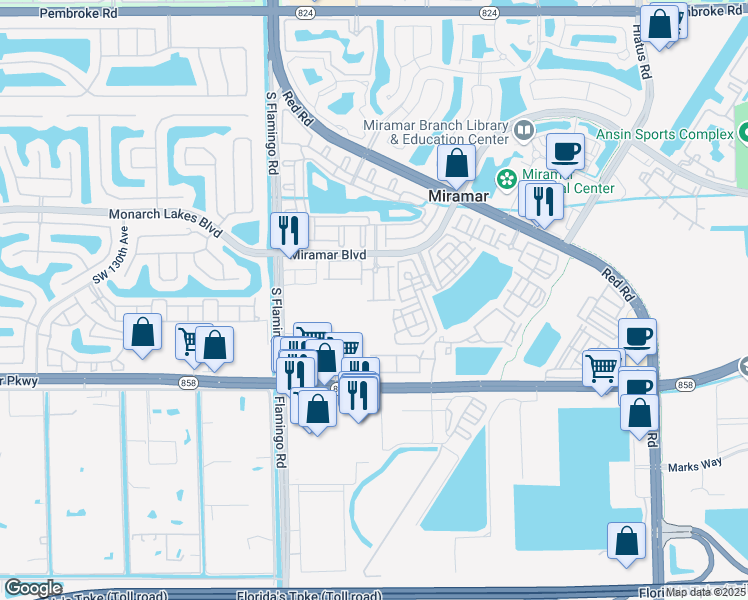 map of restaurants, bars, coffee shops, grocery stores, and more near 12080 Southwest 28th Street in Miramar
