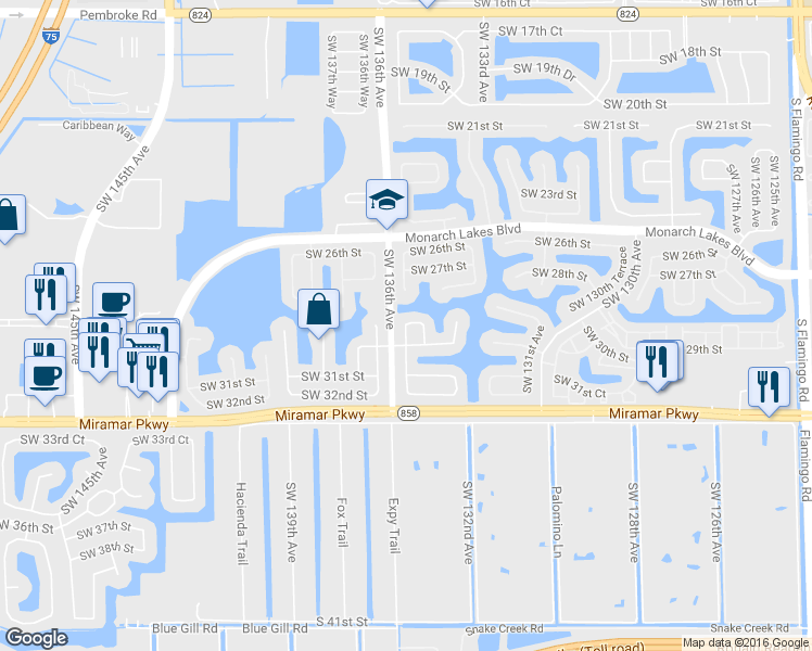 map of restaurants, bars, coffee shops, grocery stores, and more near 2978 Southwest 134th Avenue in Miramar