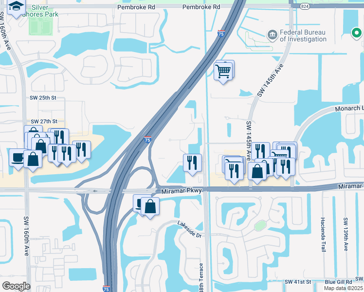 map of restaurants, bars, coffee shops, grocery stores, and more near Southwest 29th Avenue in Miramar