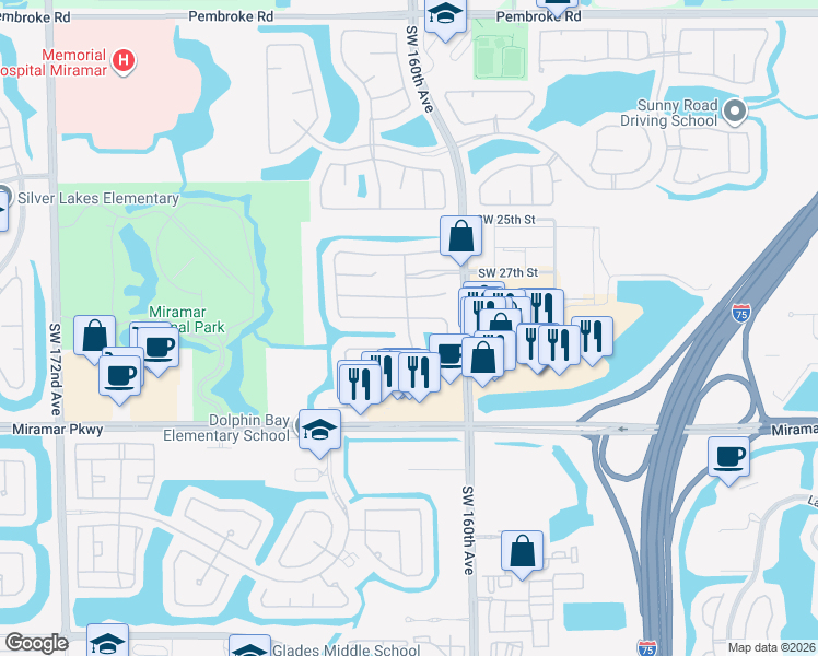 map of restaurants, bars, coffee shops, grocery stores, and more near 16329 Southwest 30th Street in Miramar