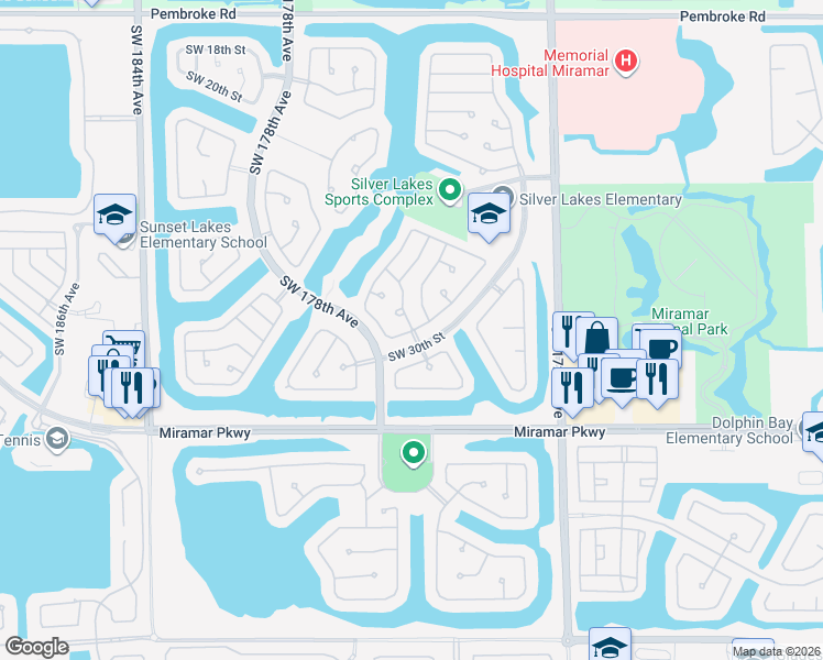 map of restaurants, bars, coffee shops, grocery stores, and more near 17660 Southwest 29th Court in Miramar