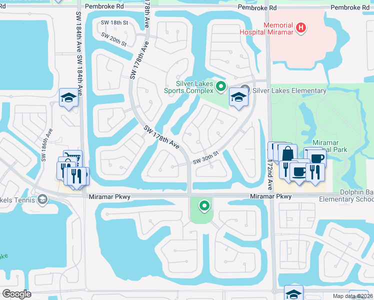 map of restaurants, bars, coffee shops, grocery stores, and more near 2967 Southwest 179th Avenue in Miramar