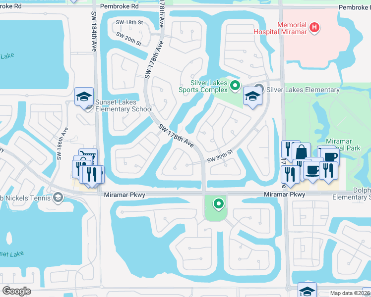 map of restaurants, bars, coffee shops, grocery stores, and more near 17923 Southwest 29th Lane in Miramar