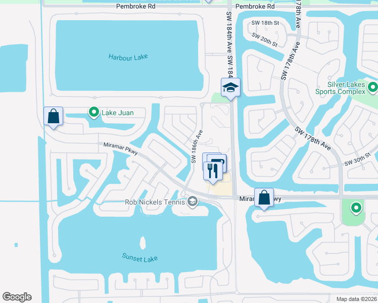 map of restaurants, bars, coffee shops, grocery stores, and more near 18600 Southwest 28th Court in Miramar