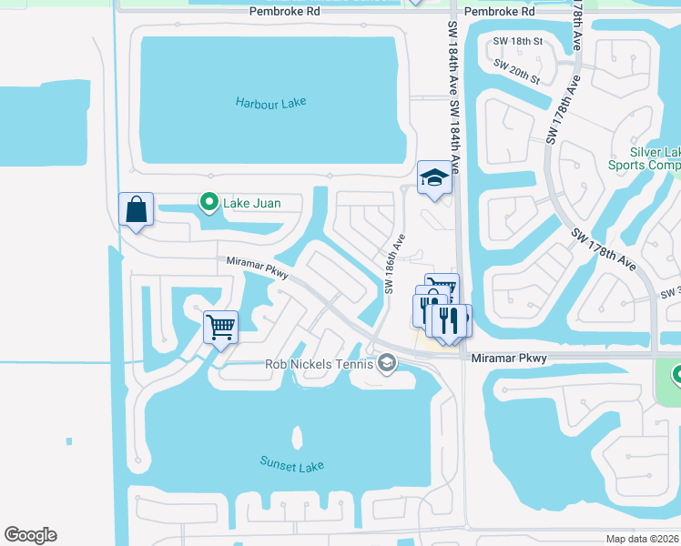 map of restaurants, bars, coffee shops, grocery stores, and more near 18800 Southwest 29th Street in Miramar