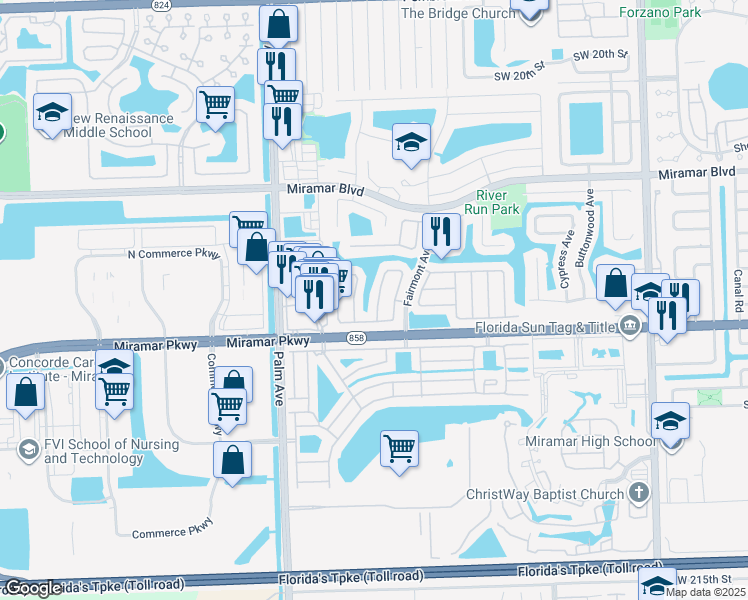 map of restaurants, bars, coffee shops, grocery stores, and more near 3261 Venice Way in Miramar