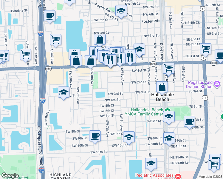 map of restaurants, bars, coffee shops, grocery stores, and more near 641 Southwest 2nd Court in Hallandale Beach