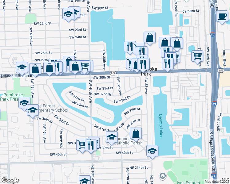 map of restaurants, bars, coffee shops, grocery stores, and more near 3730 Southwest 32nd Street in West Park
