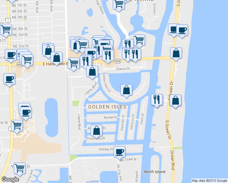 map of restaurants, bars, coffee shops, grocery stores, and more near 357 Golden Isles Drive in Hallandale Beach
