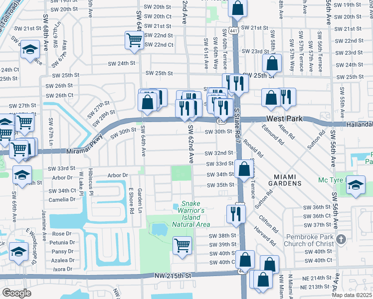 map of restaurants, bars, coffee shops, grocery stores, and more near 6217 Southwest 33rd Street in Miramar
