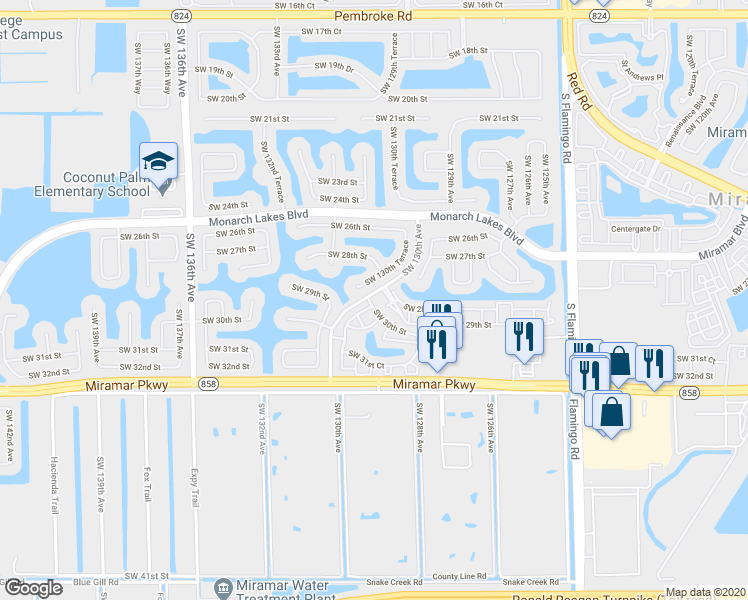map of restaurants, bars, coffee shops, grocery stores, and more near 12990 Southwest 30th Court in Miramar