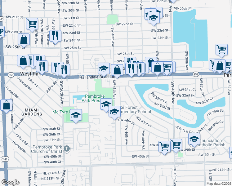 map of restaurants, bars, coffee shops, grocery stores, and more near 3225 Southwest 48th Avenue in Hollywood