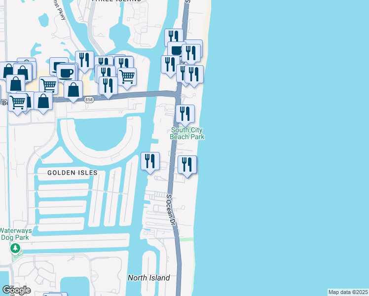 map of restaurants, bars, coffee shops, grocery stores, and more near 1920 South Ocean Drive in Hallandale Beach