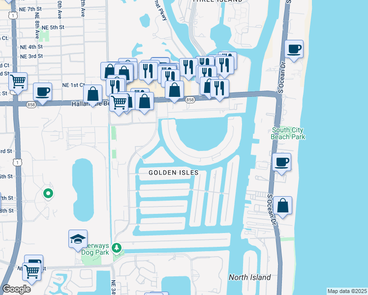 map of restaurants, bars, coffee shops, grocery stores, and more near 410 Golden Isles Drive in Hallandale Beach