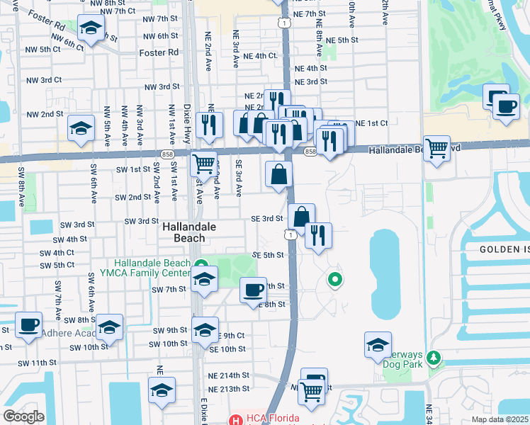 map of restaurants, bars, coffee shops, grocery stores, and more near 330 Southeast 2nd Street in Hallandale Beach