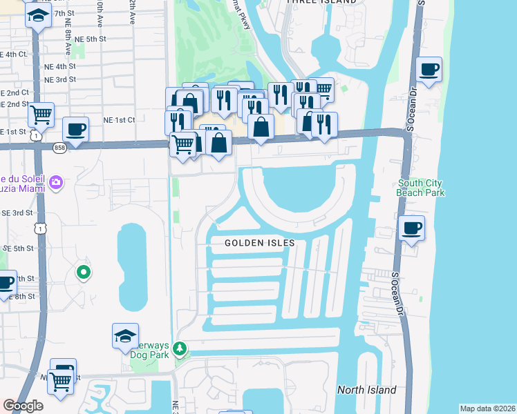 map of restaurants, bars, coffee shops, grocery stores, and more near 430 Golden Isles Drive in Hallandale Beach