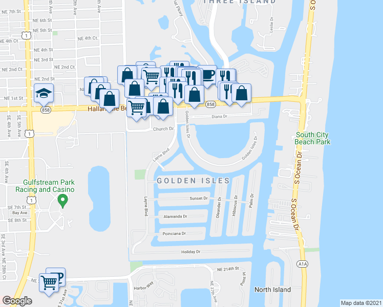 map of restaurants, bars, coffee shops, grocery stores, and more near 430 Golden Isles Drive in Hallandale Beach