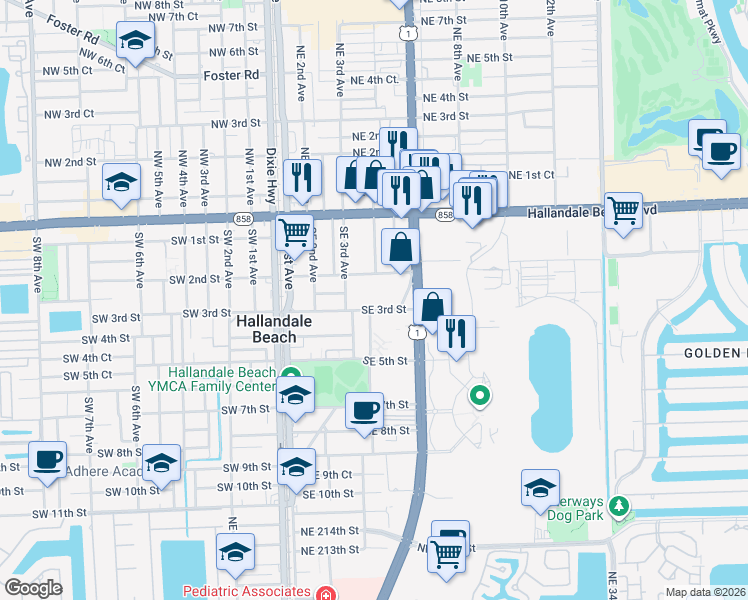 map of restaurants, bars, coffee shops, grocery stores, and more near 330 Southeast 2nd Street in Hallandale Beach