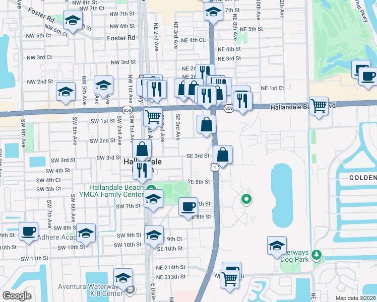 map of restaurants, bars, coffee shops, grocery stores, and more near 108 Southeast 2nd Street in Hallandale Beach