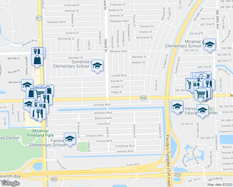 map of restaurants, bars, coffee shops, grocery stores, and more near 7636 Juniper Street in Miramar