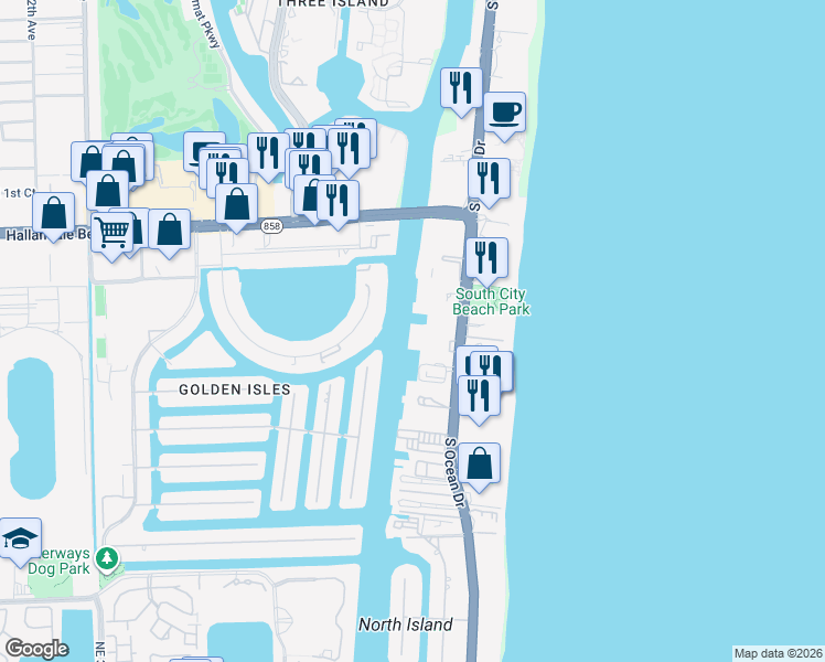 map of restaurants, bars, coffee shops, grocery stores, and more near 1889 South Ocean Drive in Hallandale Beach