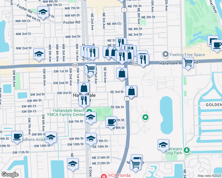 map of restaurants, bars, coffee shops, grocery stores, and more near 108 Southeast 2nd Street in Hallandale Beach
