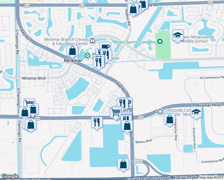 map of restaurants, bars, coffee shops, grocery stores, and more near 2750 SW 113 Ln in Miramar