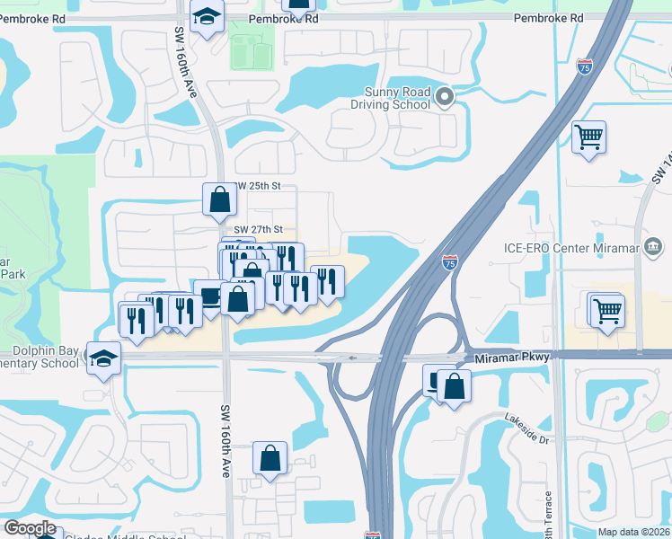 map of restaurants, bars, coffee shops, grocery stores, and more near 15620 Southwest 29th Street in Miramar