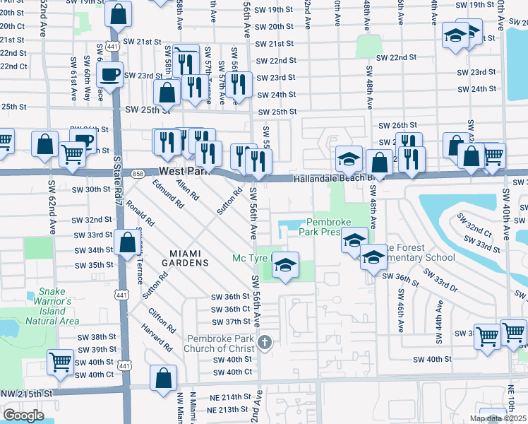 map of restaurants, bars, coffee shops, grocery stores, and more near 3153 Southwest 55th Avenue in Pembroke Park