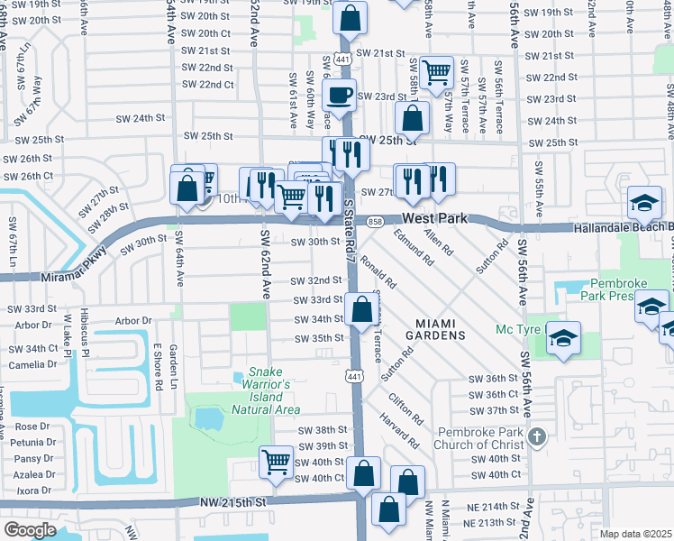map of restaurants, bars, coffee shops, grocery stores, and more near 3056 South State Road 7 in Miramar