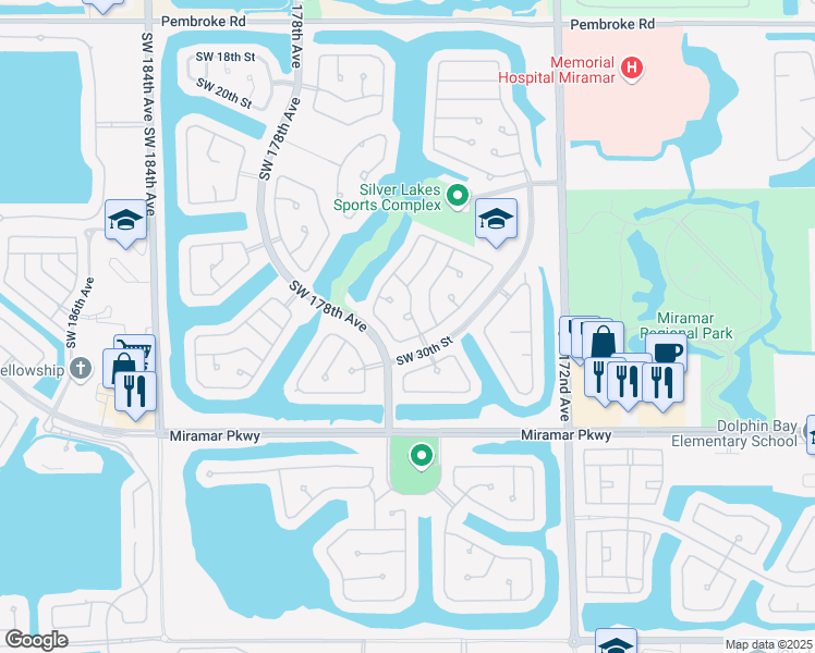 map of restaurants, bars, coffee shops, grocery stores, and more near 2866 Southwest 176th Terrace in Miramar