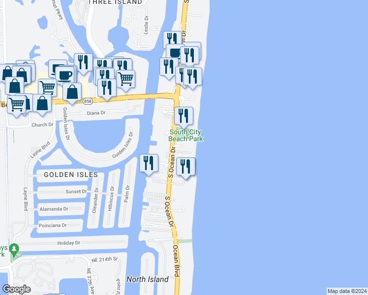 map of restaurants, bars, coffee shops, grocery stores, and more near in Hallandale Beach